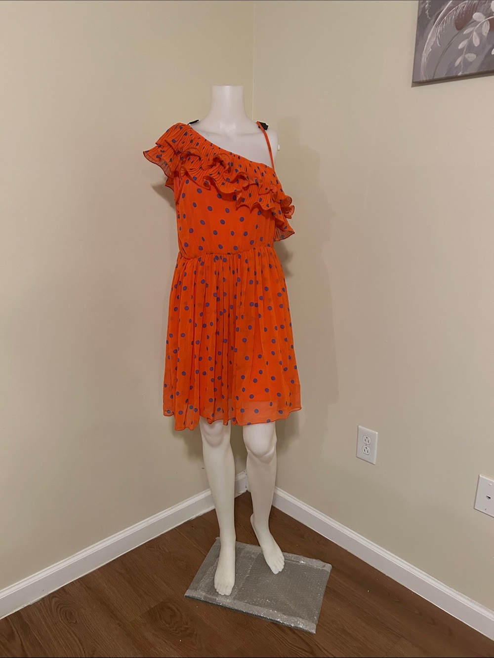 Blu Pepper One-Shoulder Orange Dress with Navy Polka Dots